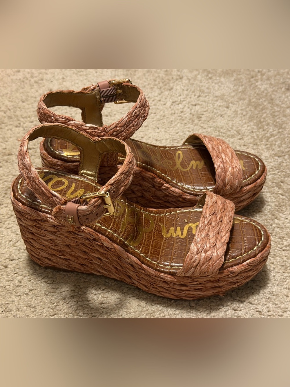 Sam Edelman Blush Pink Raffia Platform Wedge Sandals Size 6.5